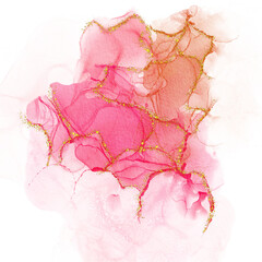 Obraz na płótnie Canvas Pink Paper Alcohol Ink Watercolor With Gold Glitter Background Circle
