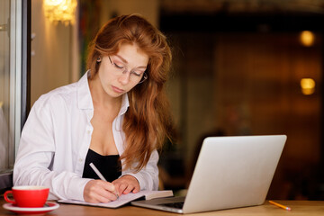 Fototapeta na wymiar Young beautiful female student studying with laptop in cafe at the window