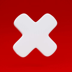 Cancel cross icon isolated over red background. 3d rendering.