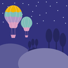 Colorful balloons and many stars in the night sky.