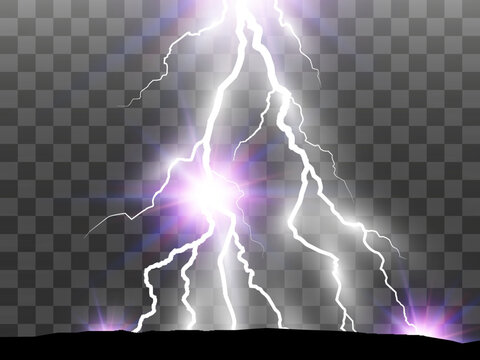 Vector image of realistic lightning. Flash of thunder on a transparent background.	