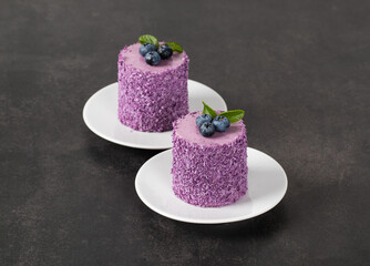 Two Blueberry mousse cream cakes of cylindrical shape, sprinkled with colored coconut flakes, on a...