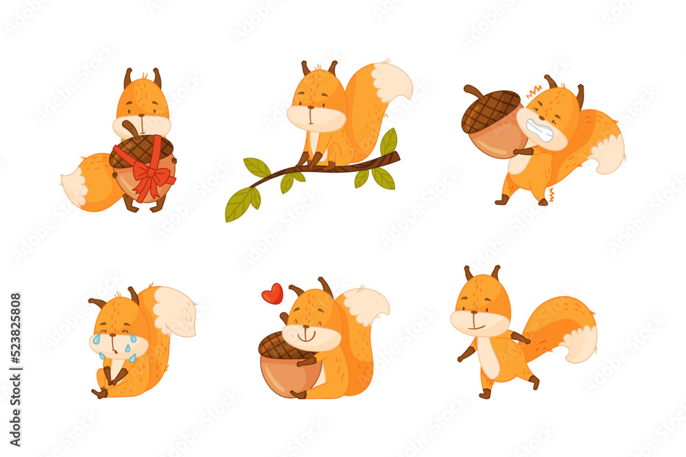 Poster funny orange squirrel character with bushy tail engaged in different activity vector set
