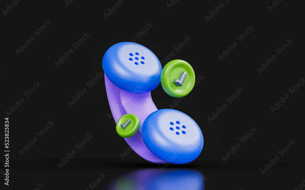 Poster call check mark sign on dark background 3d render concept for customer support done
