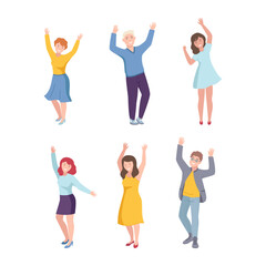 Fototapeta na wymiar Joyful People Character Raising Hands Up Cheering About Something Vector Illustration Set