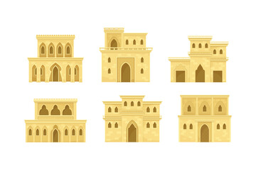 Fototapeta premium Arabic Architecture and Buildings with Arched Windows and Geometric Ornament Vector Set