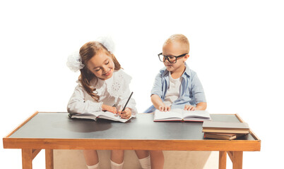 Portrait of little boy and girl, children sitting at desk and studying, doing homework isolated over white background