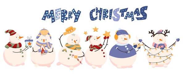 Merry Christmas banner with cute happy snowmen. Xmas background with snow men characters in hats on winter holidays, gifts, snowball and garland in hands. Colored flat illustration
