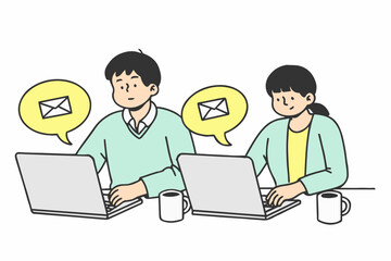 Young man and woman using computer to send emails. Concept of work from home or online meeting.  Hand drawn style vector doodle design illustration.