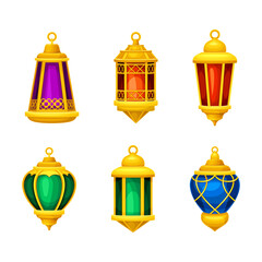 Bright Arabic Lantern with Golden Ornamental Frame and Hoop for Hanging on Top Vector Set