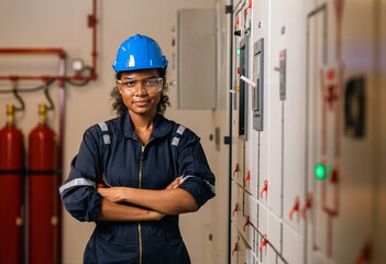 Professional engineer black women working with tablet at warehouse factory. Engineer Worker Wearing...
