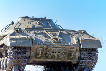 Russian tank of Second World War. Tank WWII. Bottom-up, rear view. Topic: war, tanks, combat