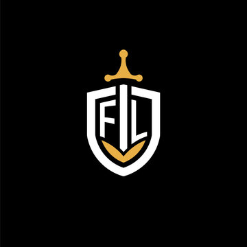 Creative letter FL logo gaming esport with shield and sword design ideas