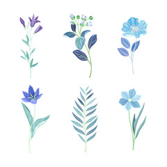 Blue Floral Twigs with Leaf and Floret on Curved Stem as Fresh Garden Botany Vector Set