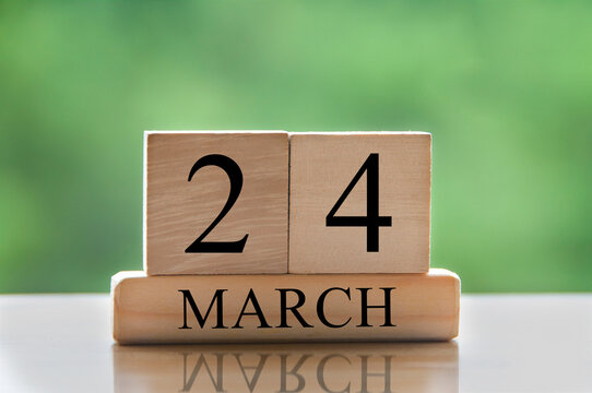 March 24 calendar date text on wooden blocks with blurred park background. Copy space and calendar concept