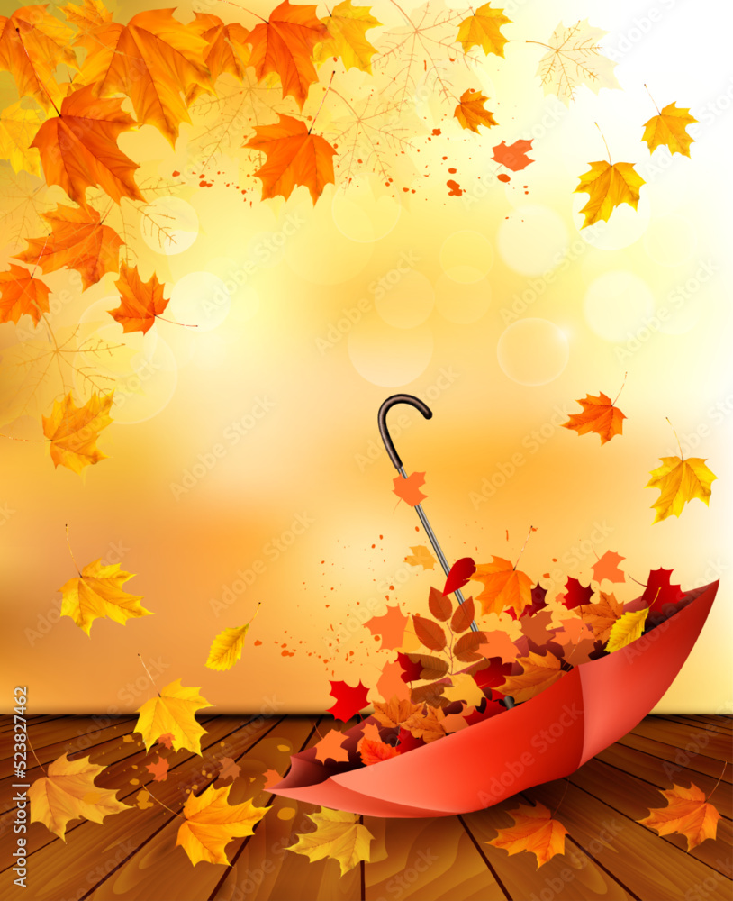 Fototapete Hello a gold autumn. Retro autumn background with colorful leaves and an umbrella filled with leaves. Vector illustration.