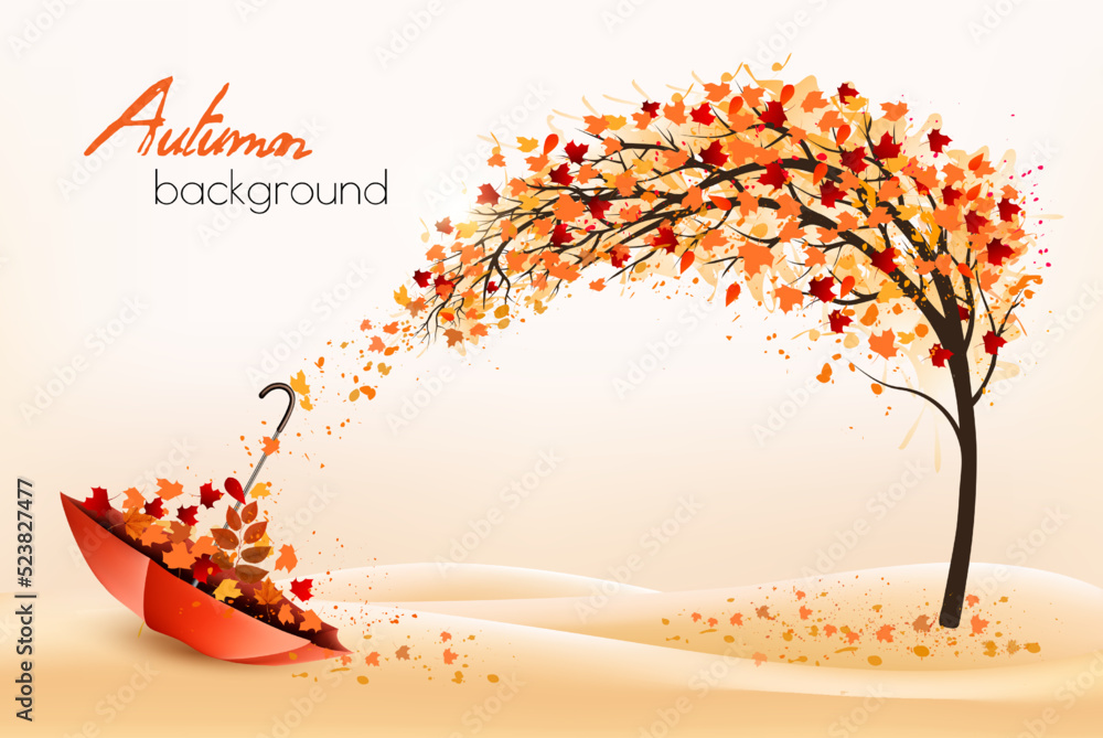 Poster hello a gold autumn. autumn landscape with colorful leaves on the tree and umbrella in a park on a b