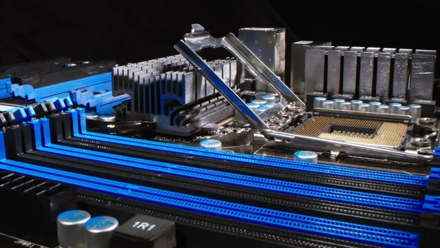 Detail of a CPU processor above its socket on the motherboard. computer motherboard with components. Highlighted element, circuits and electronic components. CPU. Digital communication