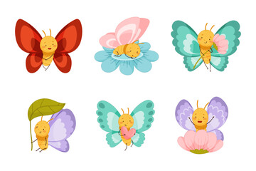 Obraz na płótnie Canvas Adorable Baby Butterfly as Cute Insect with Colorful Wings Holding Flower and Heart Vector Set
