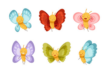 Adorable Baby Butterfly as Cute Insect with Colorful Wings Vector Set