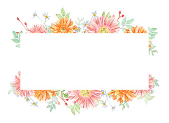 Fototapeta na wymiar Watercolor floral banner with chrysanthemums and chamomile and leaves isolated on white background. Hand drawn art for weddings, invitation, save the date, cards, greetings design.