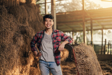 Portrait happy Asian man farmer keeping hay bales to stock for cow feeding of stables in cattle...