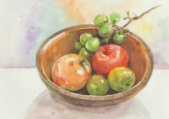 fruits in a bowl watercolors for card illustration background