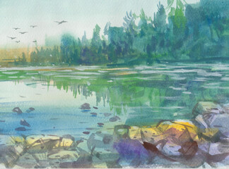 lake in the forest watercolors for card illustration background