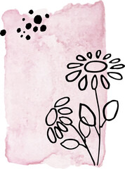 Abstract pink vintage watercolor stain elements, flowers and leaves. painting brush texture