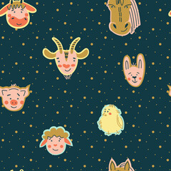 Seamless pattern with cute farm animals for childish design.