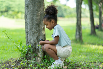 African American little girl using magnifying glass to explore and look bugs on the tree between...