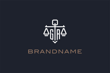 Initials GR logo for law firm with shield and scales of justice modern style - obrazy, fototapety, plakaty