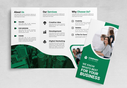 Trifold Brochure Layout with Green Triangle Designs