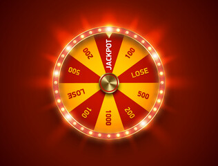 Bright fortune wheel spin mashine. Shiny led bulbs frame, isolated on red background. Casino banner design element or icon. Yellow red sector - obrazy, fototapety, plakaty