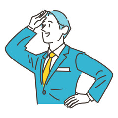 Young male businessman looking up at the sky in the wind [Vector illustration].