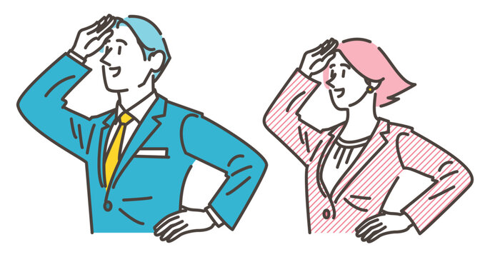 Young male and female business people looking up at the sky in the wind [Vector illustration].