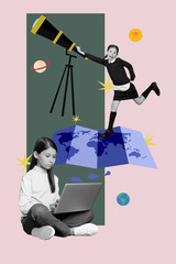 Vertical composite collage of two little girls black white effect use netbook telescope painted...
