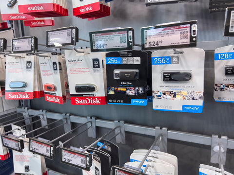 Lynnwood, WA USA - circa August 2022: Wide view of flash and thumb drives for sale inside a Best Buy retail store