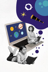 Vertical creative portrait of two small kids black white gamma read book sit netbook painted space...