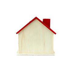 Side View of wood home and toy model isolated on white background, concept Home buyer or Home seller