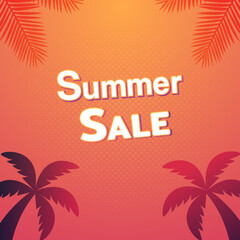 Summer sale vector background with palm tree and palm leaf on orange gradient background. Summer Sale banner, hot season. Nature summer tropic concept. Summer sale text. Vector illustration.