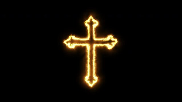 Christian Cross burning on fire. Motion backgrond. Seamless loop