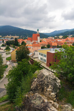 Prachatice rooftop from Zizka rock. Czech old famous city at moody weather