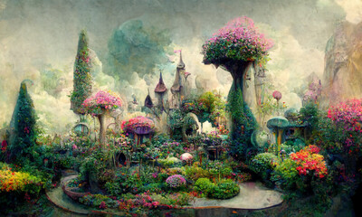 Naklejka premium surreal fantasy dreamland garden, lush vegetation, digital ilustration