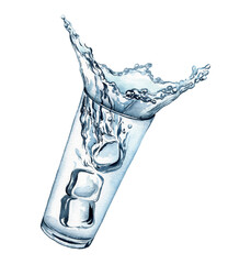 watercolor drawing glass with splash of water and cubes of ice isolated at white background, hand drawn illustration