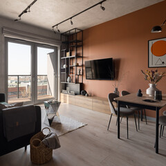 Living room with big window and table
