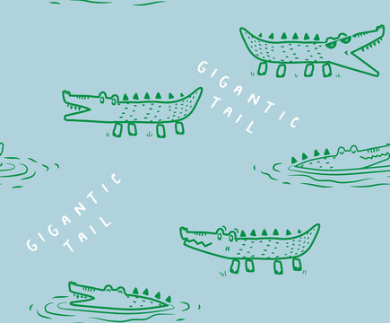 CROCODILES CREATIVE PUZZLE ANIMAL SWAMP TROPICAL CHILLIN SUMMER PRINT SEAMLESS PATTERN