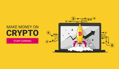 the inscription make money on the crypt and a button to start earning on a yellow background with elements of microcircuits a laptop and a rocket launching with the emblem of bitcoin