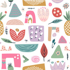Seamless pattern with organic geometric shapes, flowers, berries and leaves. Creative hight detailed texture. Great for fabric, textile Vector