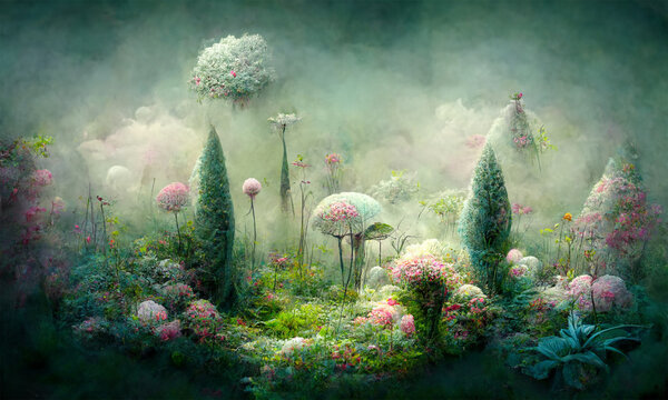 dreamy surreal fantasy landscape , lush vegetation and flowers, pastel colours, desaturated, digital illustration